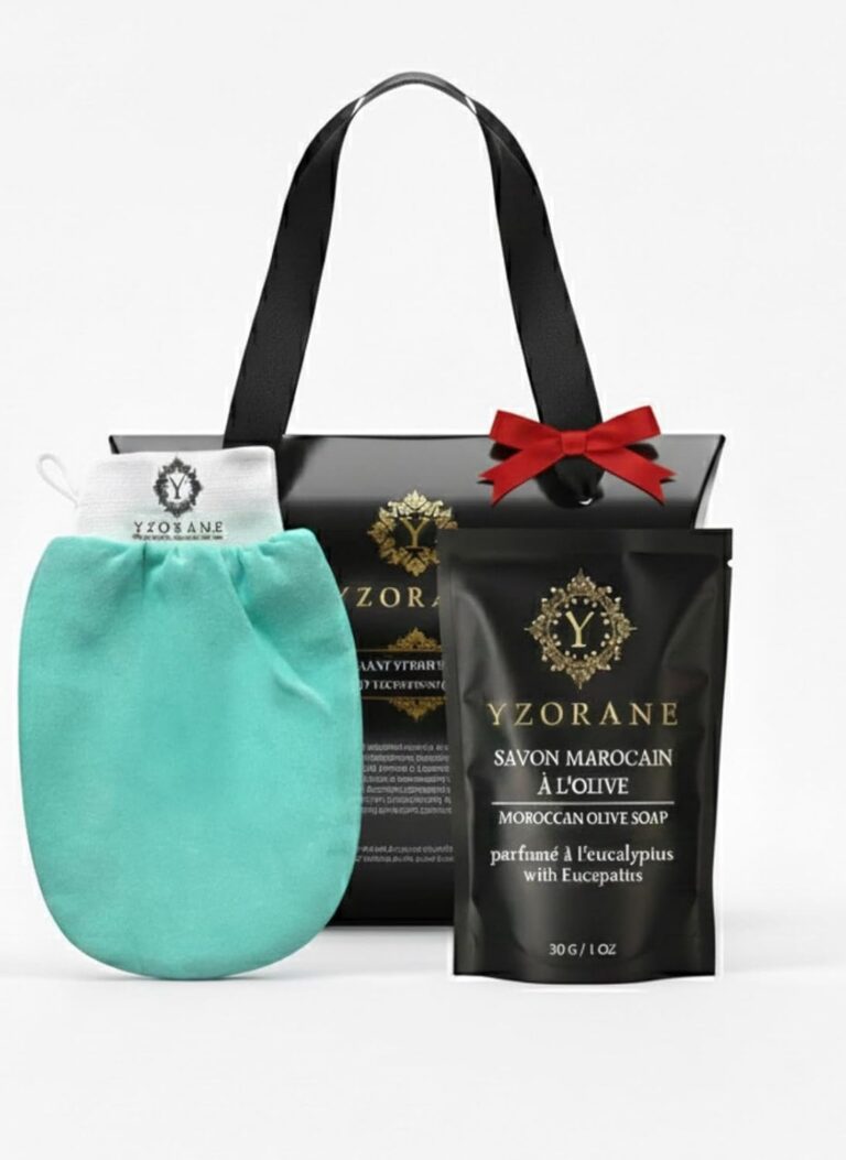 Yzorane Moroccan Kessa exfoliating glove with black soap sachet